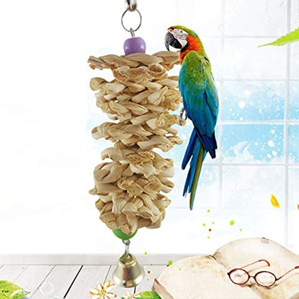 Bird Parrot Toy With Bell Natural Wooden Grass Bite Hanging Cage - Image 6