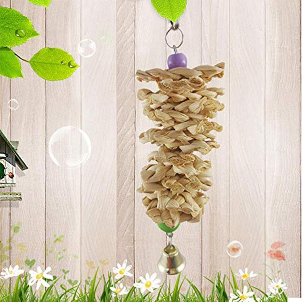 Bird Parrot Toy With Bell Natural Wooden Grass Bite Hanging Cage - Image 3