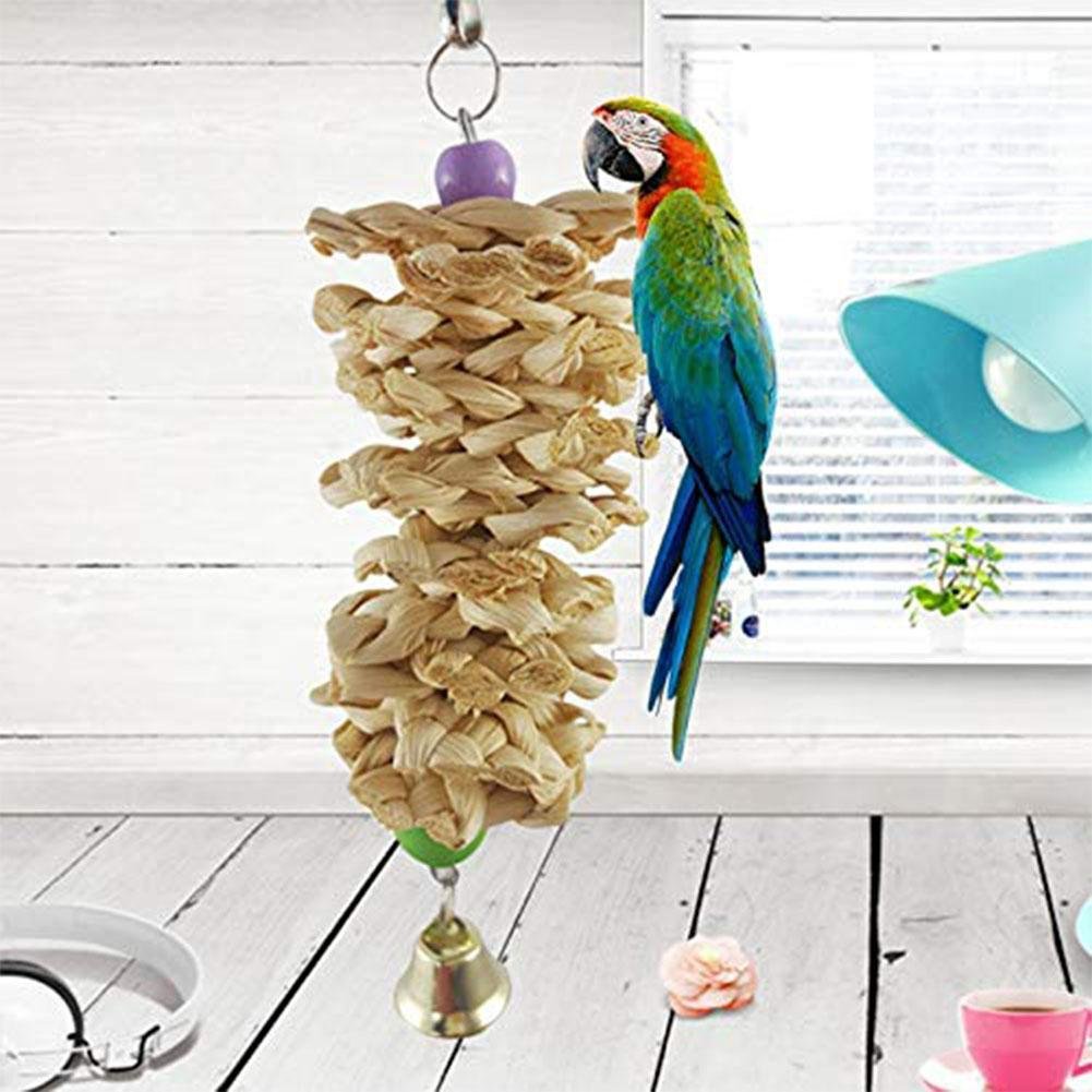 Bird Parrot Toy With Bell Natural Wooden Grass Bite Hanging Cage - Image 4