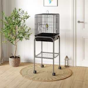 45-inch Metal Indoor Bird Cage, Parrot Cage, Bird Aviary with Detachable Rolling Stand, Storage Basket, and Accessories - Black