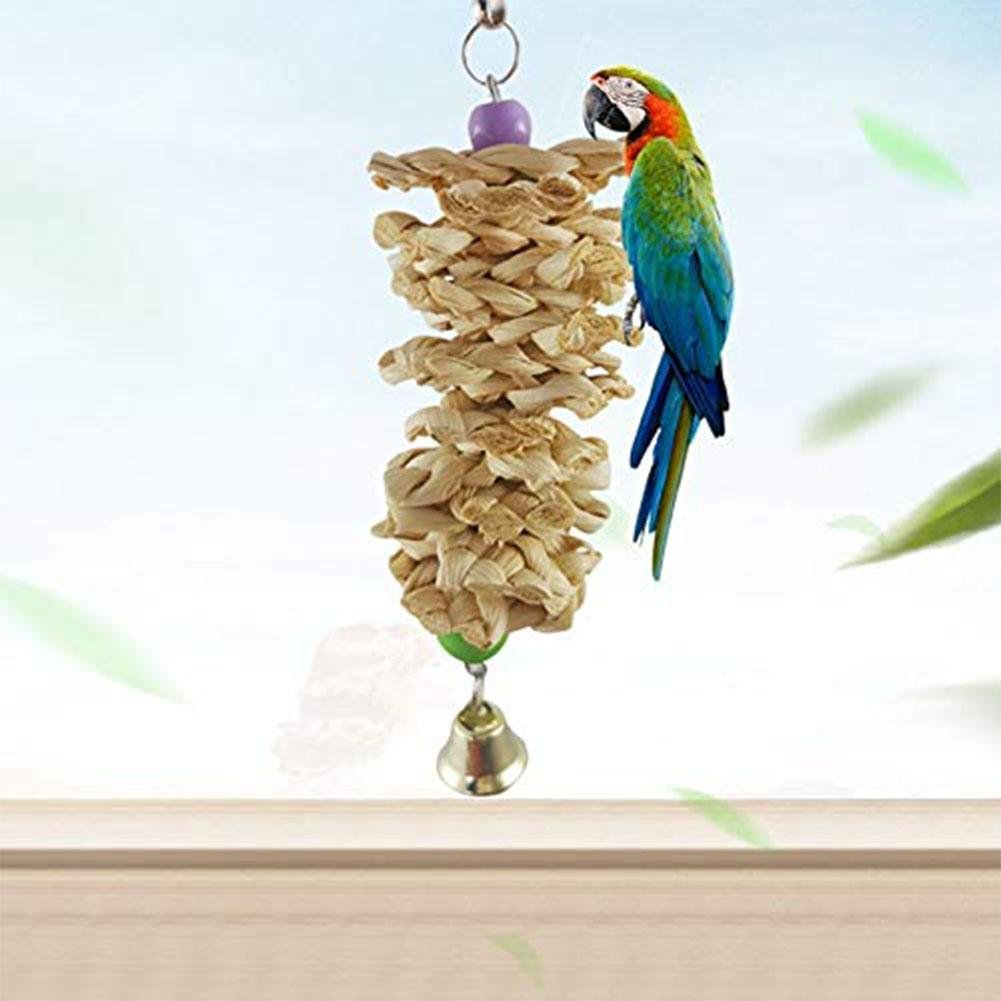 Bird Parrot Toy With Bell Natural Wooden Grass Bite Hanging Cage - Image 2