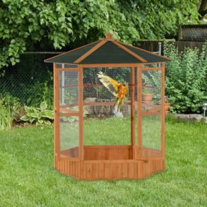 69" Wooden Hexagonal Outdoor Aviary Flight Bird Cage With Covered Roof, Brown