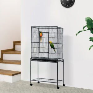 30" Rolling Metal Bird Cage Feeder with Detachable Rolling Stand, Storage Shelf, Wood Perch & Food Container