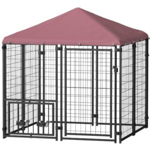 welded-wire-outdoor-dog-kennel-with-360-rotating-4-levels-adjustable-bowls-waterproof-cover-4-6-x-4-6-x-5